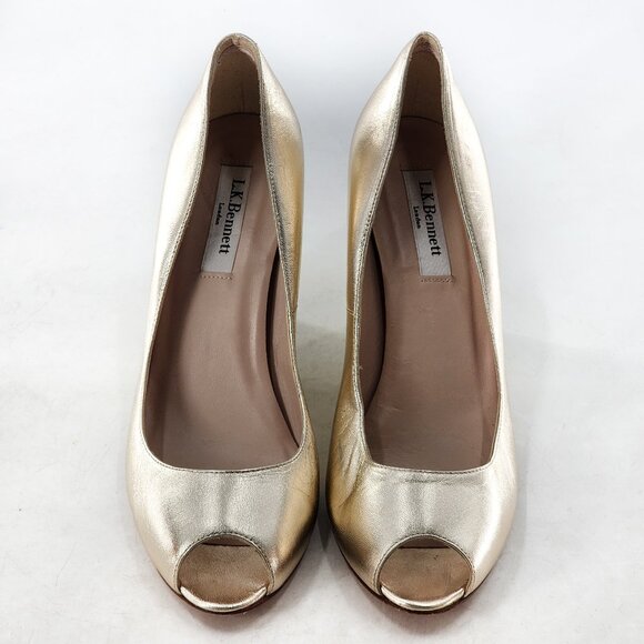 LK BENNETT Estela Peep Toe Gold Leather Wedge Pump Heels - Picture 3 of 7